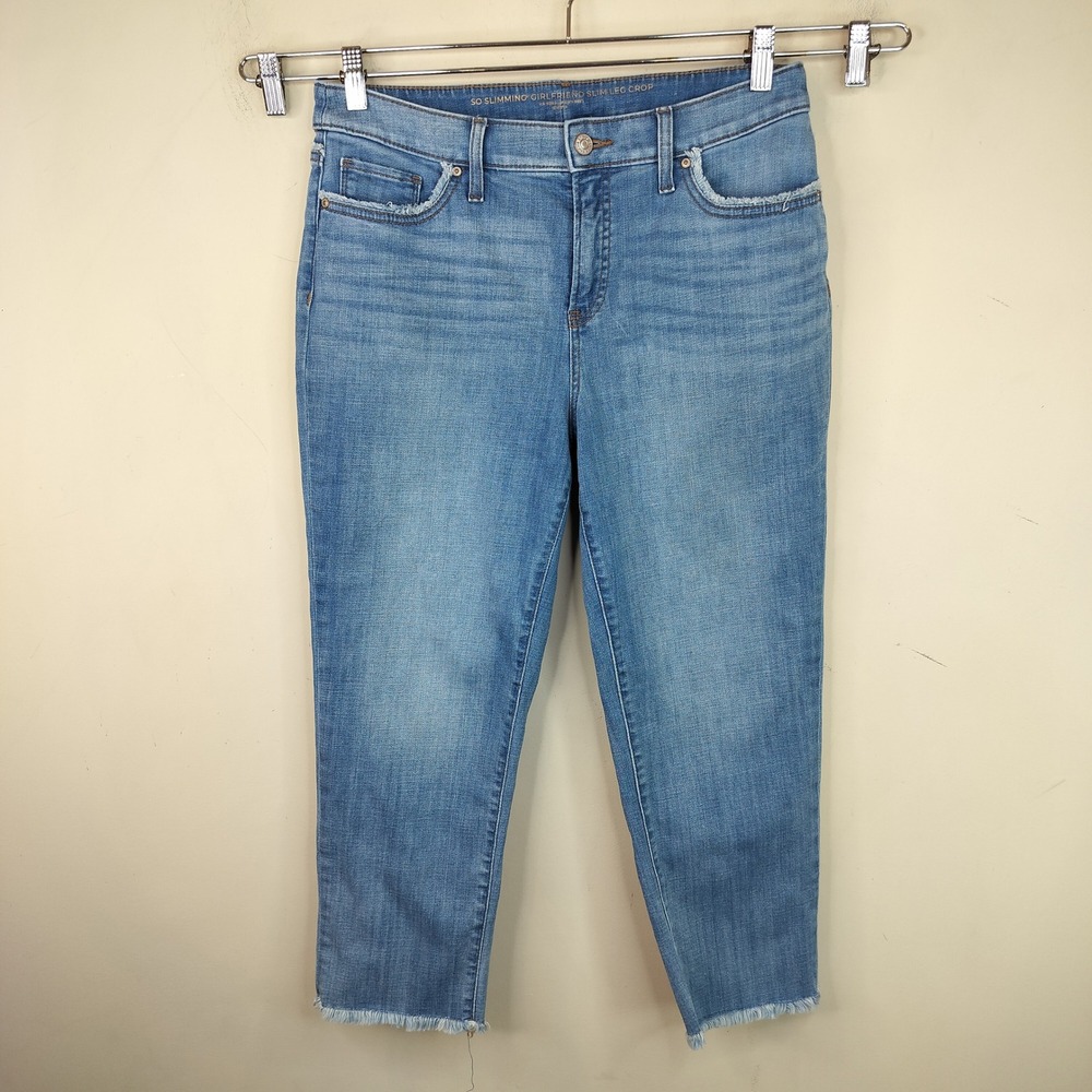 Chico's So Slimming Girlfriend Jeans Womens 1 / 8 / M Crop Frayed Casual Blue